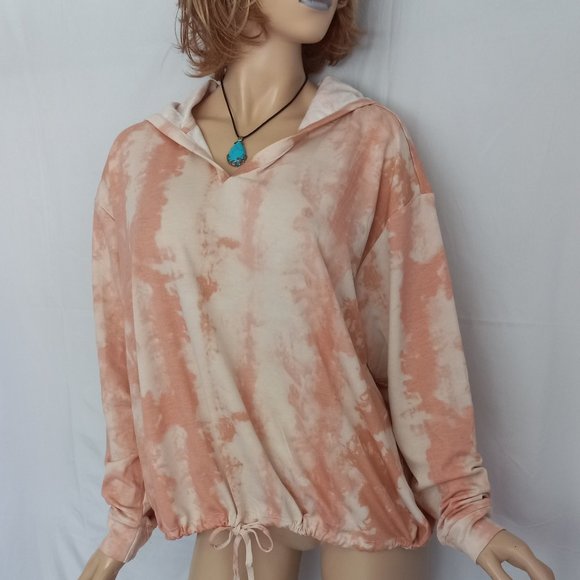 Nwt FRED DAVID Stretchy Coral/Pink Drawstring Hem Hooded Sweatshirt Top Sz 2X - Picture 2 of 7
